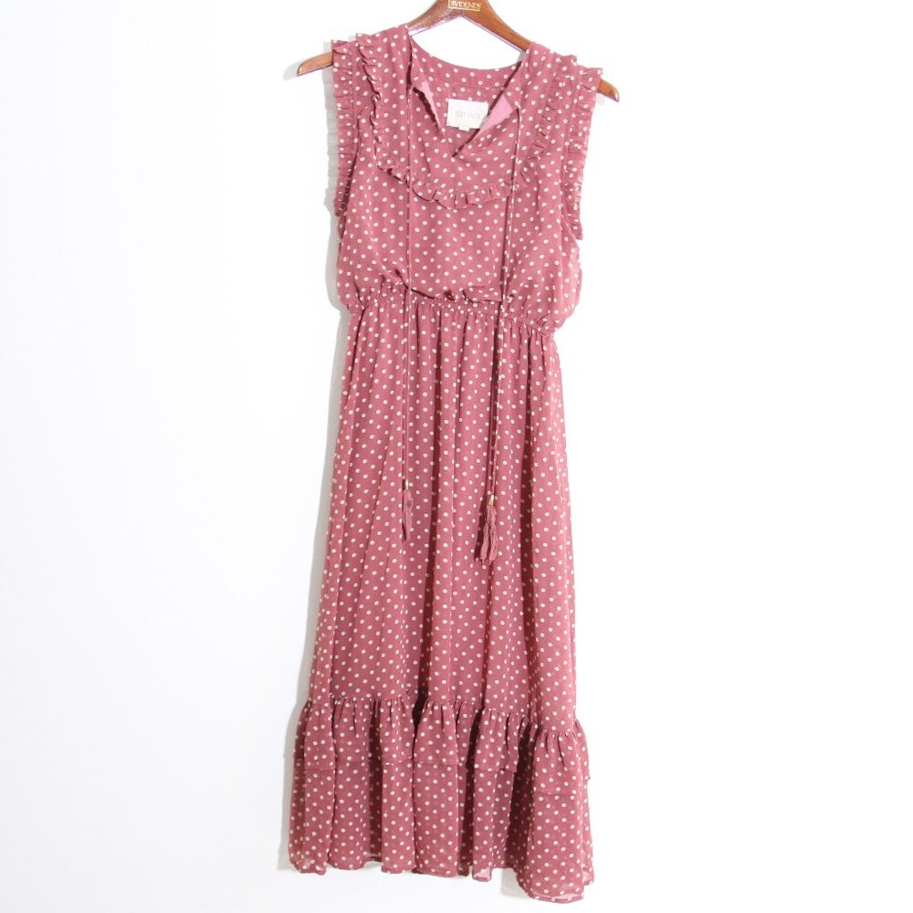 Moon River Polka Dot Ruffled Midi Dress Tiered Pink White Sleeveless Size Small
